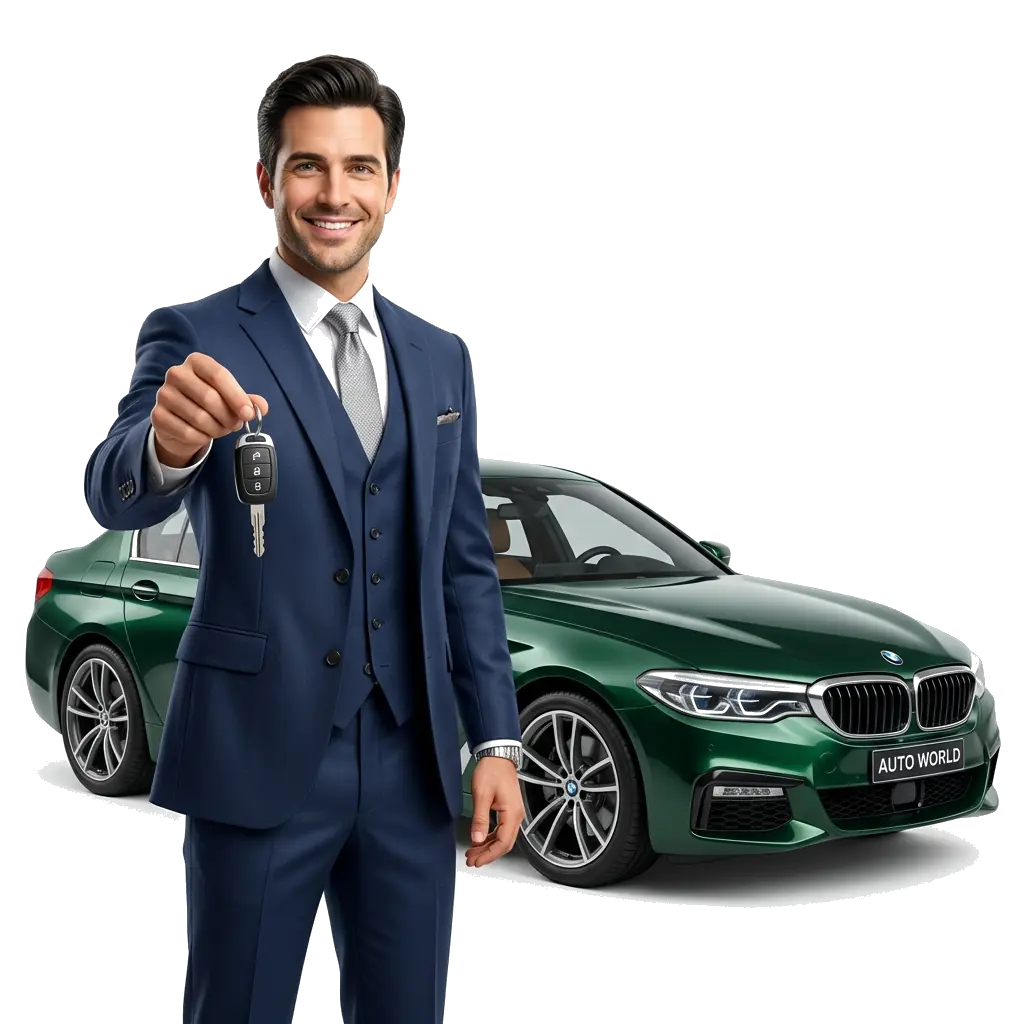 Autoankauf Dresden Mitarbeiter mit Kunde bei der Schlüsselübergabe 3D Illustration